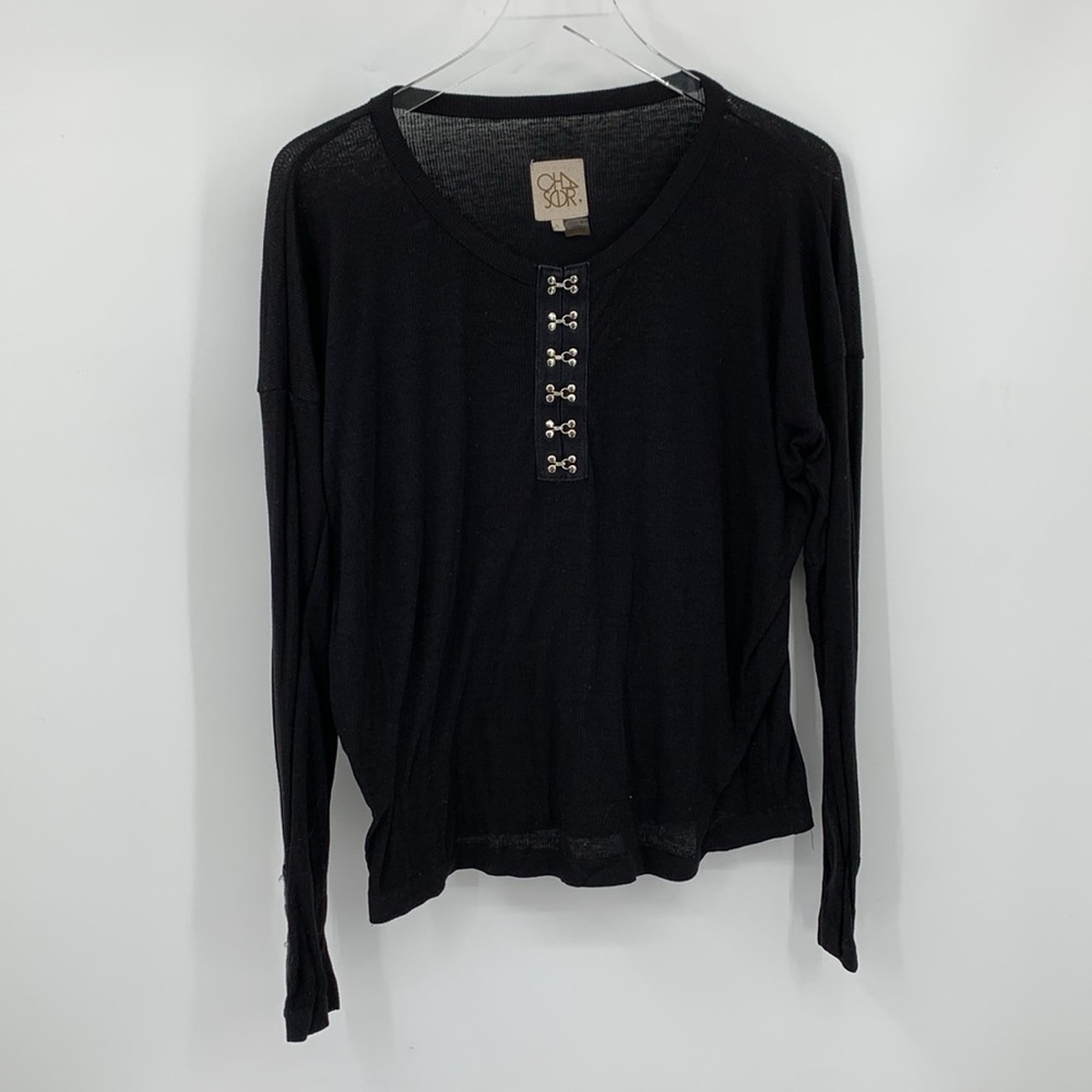 Chaser hook and eye Henley shirt top blouse ribbed knit black silver stretch S
